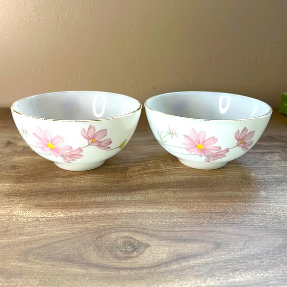 USA Home Set Rice Bowls Pink Daisies Set Of Two Vintage